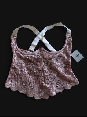 Free People X HAH | Blush Pink Dusty Rose Cream Corset Bustier Floral Lace  Tank
